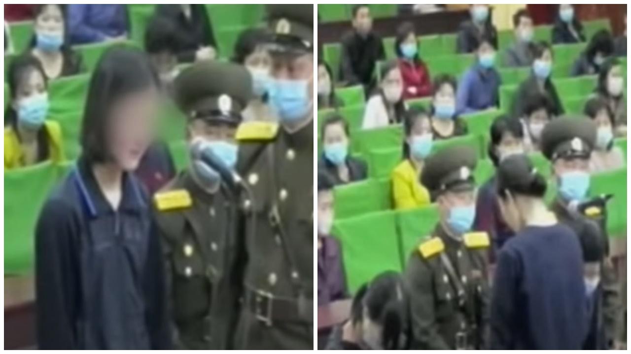 北韓少女偷睇韓劇遭上鎖痛哭，公開審判畫面曝光。(YouTube)