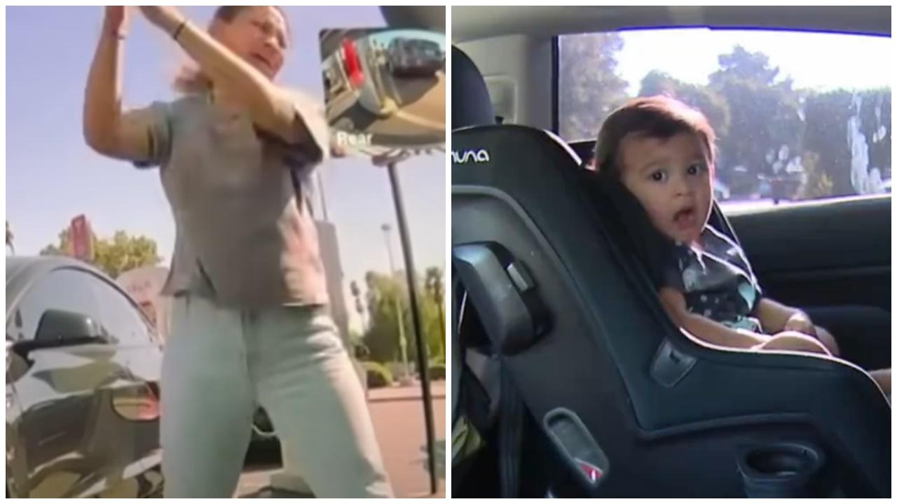 Tesla突自動反鎖，42度高溫母狂砸車窗救寶寶。(YouTube)