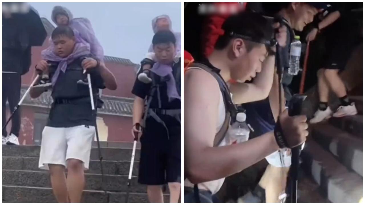 山東大學生打暑假工陪爬泰山暴瘦33磅，網民紛紛想入行。(微博)