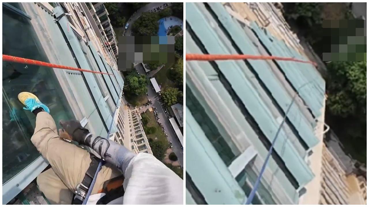 江蘇工人22樓高空工作，屁孩罔顧人命猛搖安全繩。(微博)