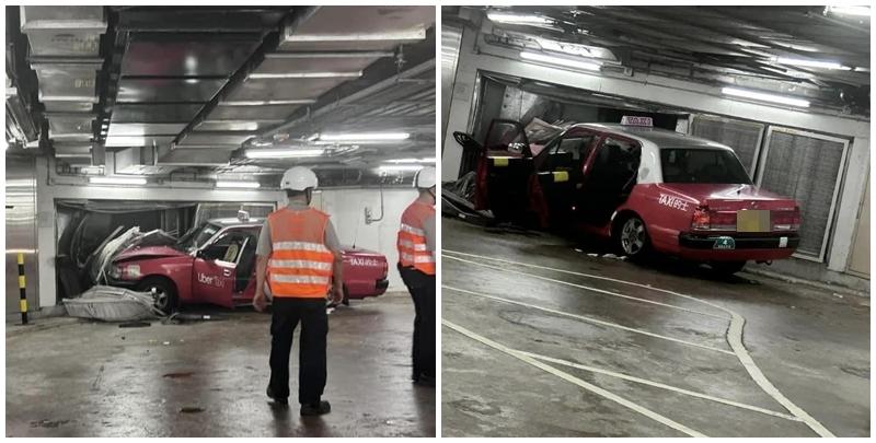 一輛空載的士於高鐵西九龍站停車場上落客區近B出口行駛時，突然失控撞向牆壁，牆上的金屬製通風網及風喉被撞毀。(網上圖片)