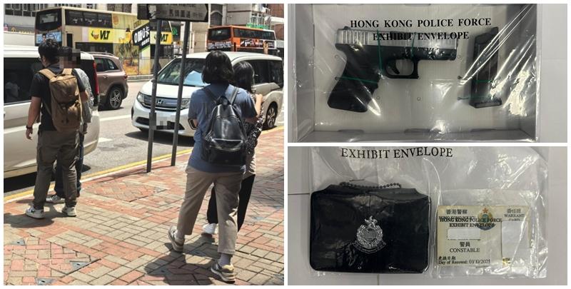 警方突擊搜查紅磡一住宅單位，檢獲8枚煙霧彈、14枝仿製槍械、1枝伸縮棍、1副手鐐、1把長刀以及1張偽造的警察委任證，一名39歲男子及一名47歲女子被捕。(警方提供)