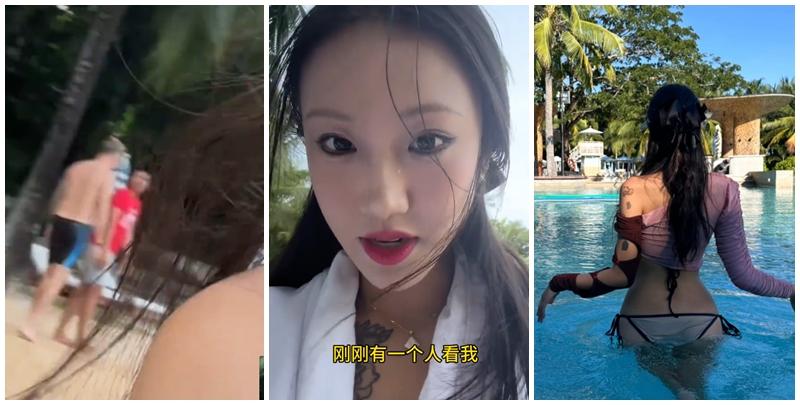 內地女網紅玫瑰在海南穿比堅尼游水時，聲稱被酒店救生員「𥄫屁股」，外籍丈夫上前理論期間掌摑對方，救生員被打後報警，最終玫瑰及丈夫要到警局落口供。(影片截圖)