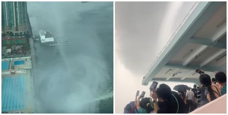 水龍捲移向紅磡大環山泳池附近，當時未有人游泳，但池面及看台均有眾多泳手及觀眾「打卡」。(影片截圖)