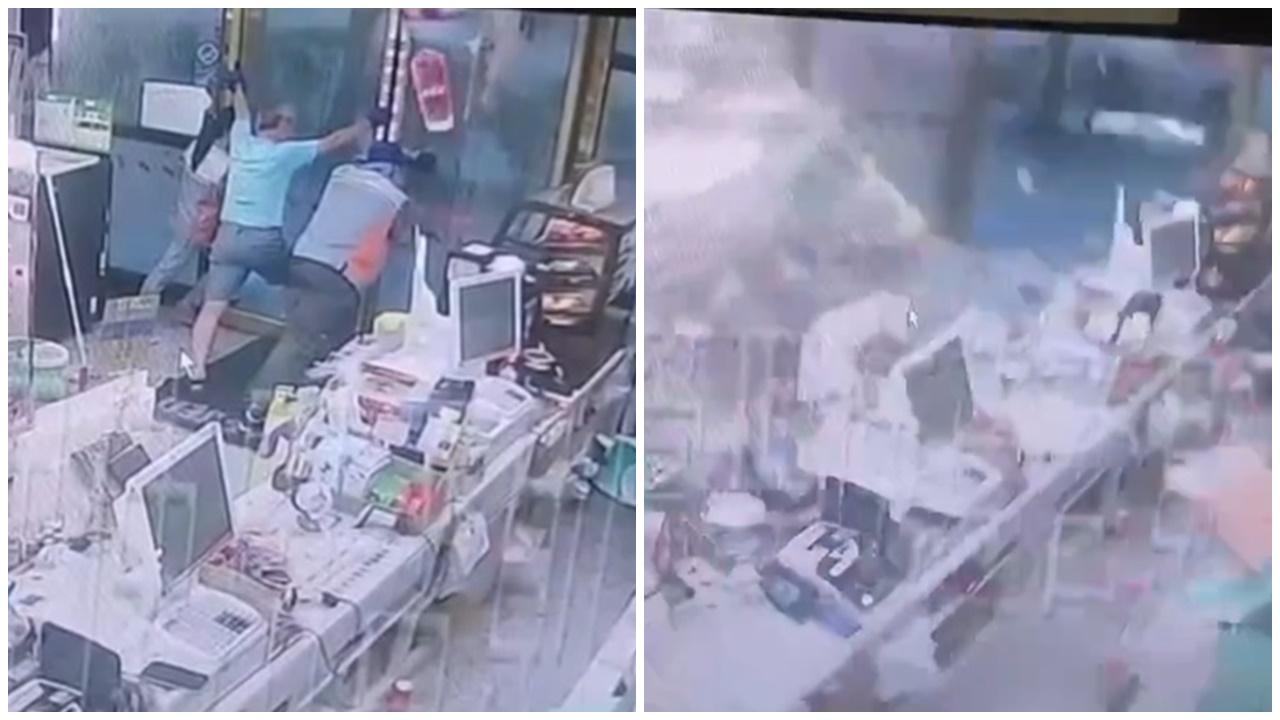颱風山陀兒登陸高雄，便利店3人頂門瞬間被爆開，驚悚畫面曝光。(X)