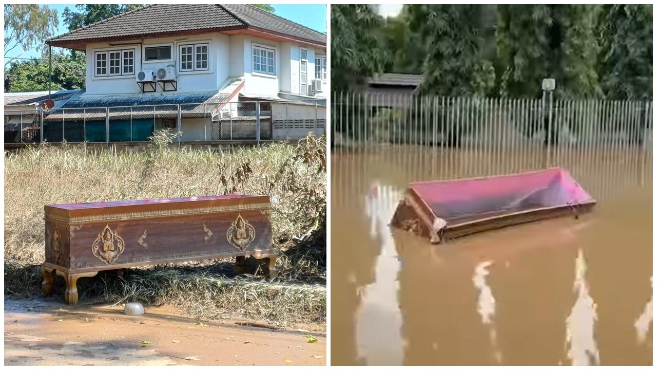 清邁50年最嚴重洪災，棺木飄流居民嚇壞急尋物主。(FB)