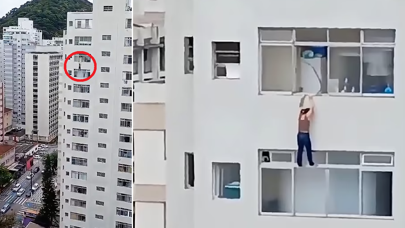 16樓抹窗忽然滑倒 女子雙手抓住窗邊半天吊 命懸一線(有片)