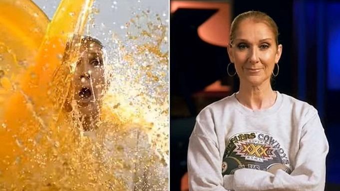 Celine Dion宣傳美式足球賽 橙色飲料照頭淋