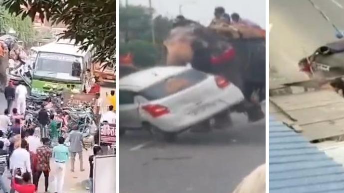 大象多次猛撞私家車，試圖將其掀翻，畫面嚇人。(互聯網)