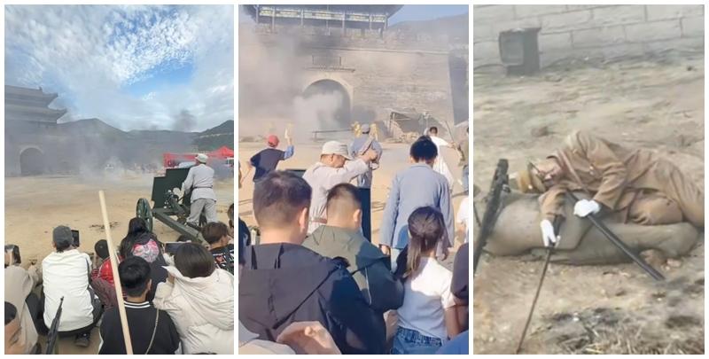 位於山東臨沂的沂蒙紅色影視基地，推出結合抗日愛國及紅色題材的「跟著團長打縣城」體驗劇，讓遊客親身體驗反擊日軍「奪回縣城」的抗日劇場景。(影片截圖)