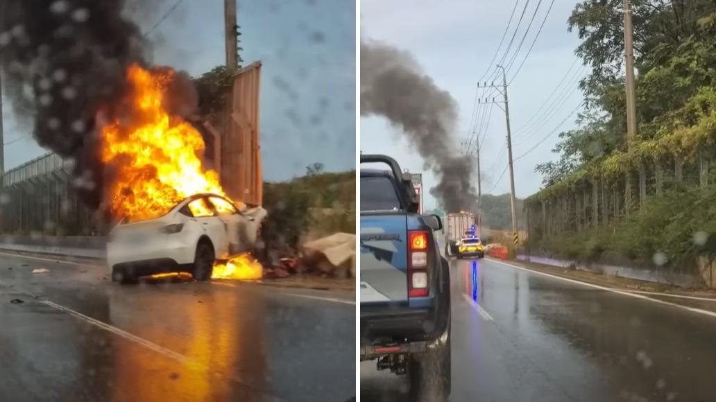 Tesla撞上石壆後火燒車，不斷冒出黑煙。(互聯網)