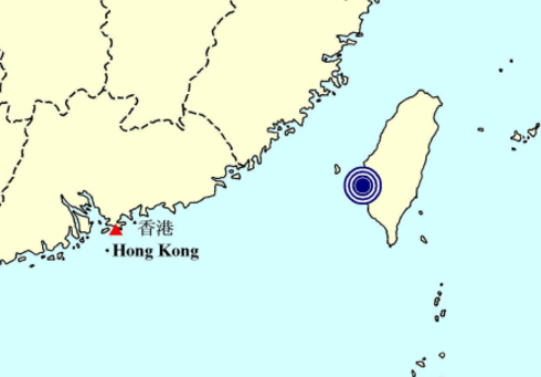 根據初步分析，下午8時40分台灣發生一次4.7級地震，震中位於嘉義之西南偏南約32公里，即距離香港之東約630公里，震源深度約15公里。   (天文台圖片)