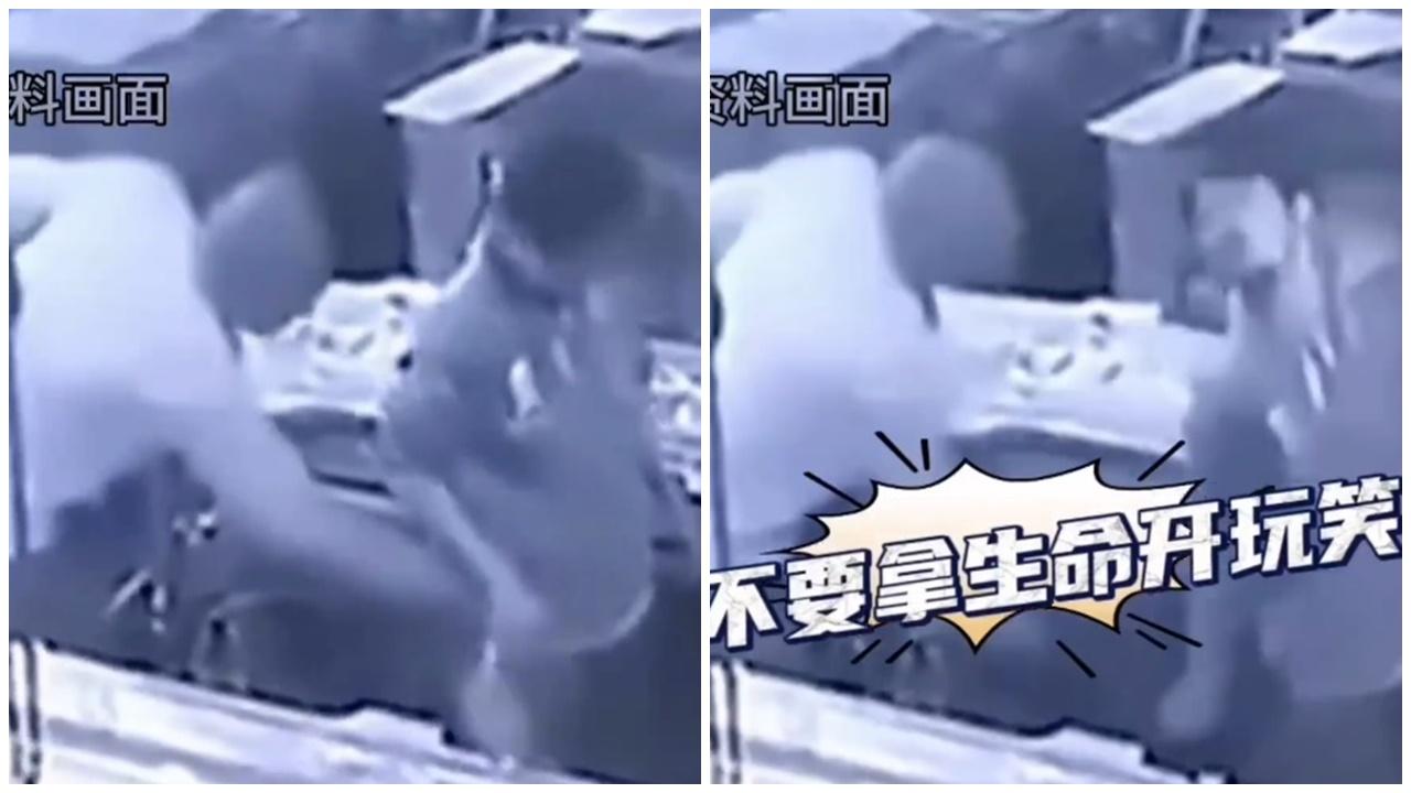 江蘇男玩高壓氣管塞人體，同事慘被爆「菊花」致肛腸破裂。(微博)