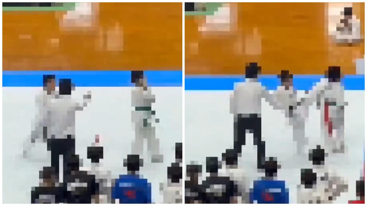 日本空手道小將背向對手遭偷襲後腦，慘致頸椎受損。(X)