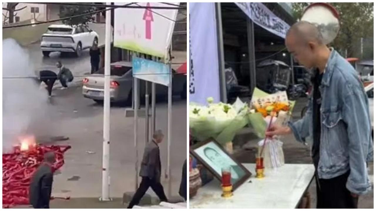 比電影更誇張，四川殺父兇手出獄，在受害人家門前擺酒放炮仗。(微博)