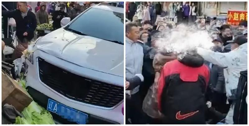 位於遼寧瀋陽的小河沿早市，一輛白色SUV汽車突然失控人，導致多名正在買菜的長者如保齡球瓶般被撞飛，憤怒民眾包圍汽車，狂敲擋風玻璃要求司機下車，期間有人出手施襲，場面混亂。