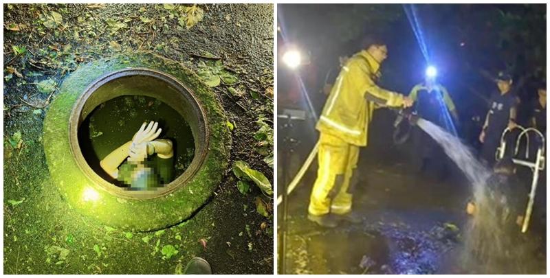 基隆警方追捕陳男時遭反抗，他竟一度跳入化糞池躲避，最後花了四個小時方爬出，由於全身沾滿了排泄物，消防用水槍為其清洗身上的糞尿後，警方才將其拘捕。(影片截圖/網上圖片)