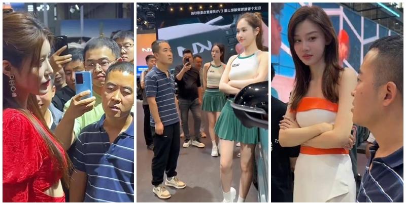內地近日一名身著藍白條紋T恤的男子現身多地車展現場，並以專注眼神「沉浸式凝視」女模，結果被網民封為「條紋哥」成為紅人(影片截圖)