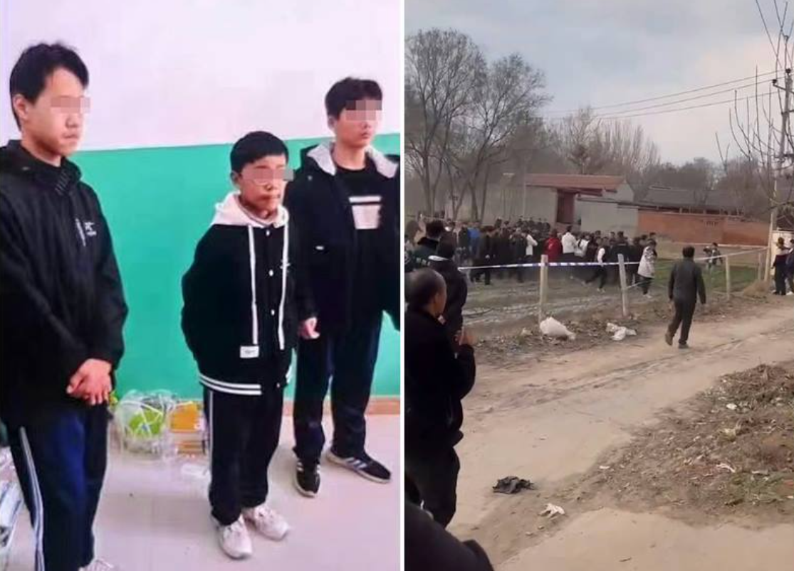 河北13歲初中生遭同學殺害後埋屍。圖為3名嫌疑人和埋屍現場。(微博圖片)