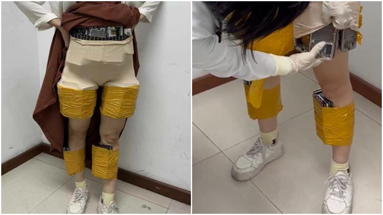 女客用打底褲纏70手機屏幕，入境羅湖時被發現。中國海關總署微信公眾號)