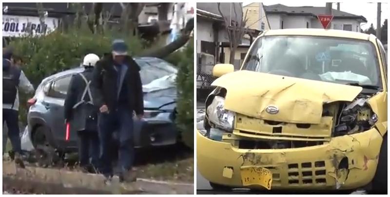 一名居於香港的33歲中國籍男子在日本青森縣八戶市一個十字路口與另一輛汽車迎頭相撞，涉嫌駕駛疏忽導致他人受傷被捕。(影片截圖)