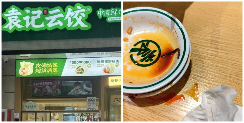 焦先生在北京市海淀區袁記雲餃六道口店花費14元點了一碗鮮肉雲吞麵，但在食用過程中發現一條黑紫色長約3厘米的蚯蚓。