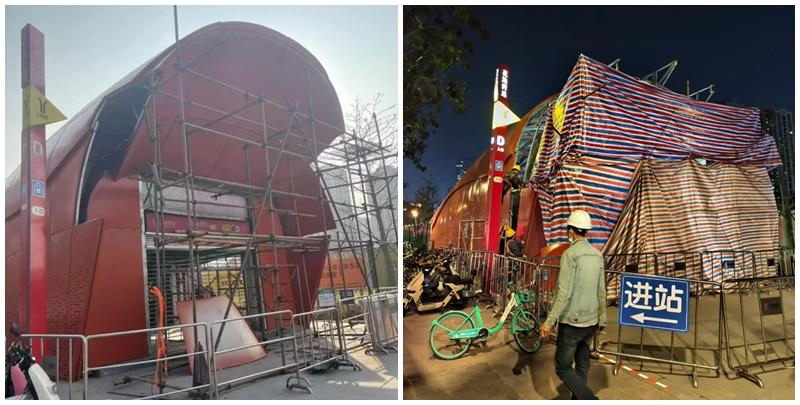 廣州地鐵花地灣站出入口近日進行翻新工程，但不少市民認為翻新後的出入口極似「棺材」。(網上圖片)