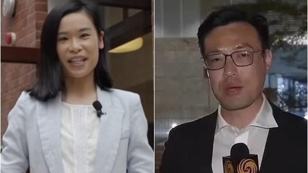 前記者冼志(右)加入特首辦，採訪反佔中曾被毆打(鳳凰衛視截圖)。黃凱寧(右)升任助理新聞統籌專員(警方影片截圖)