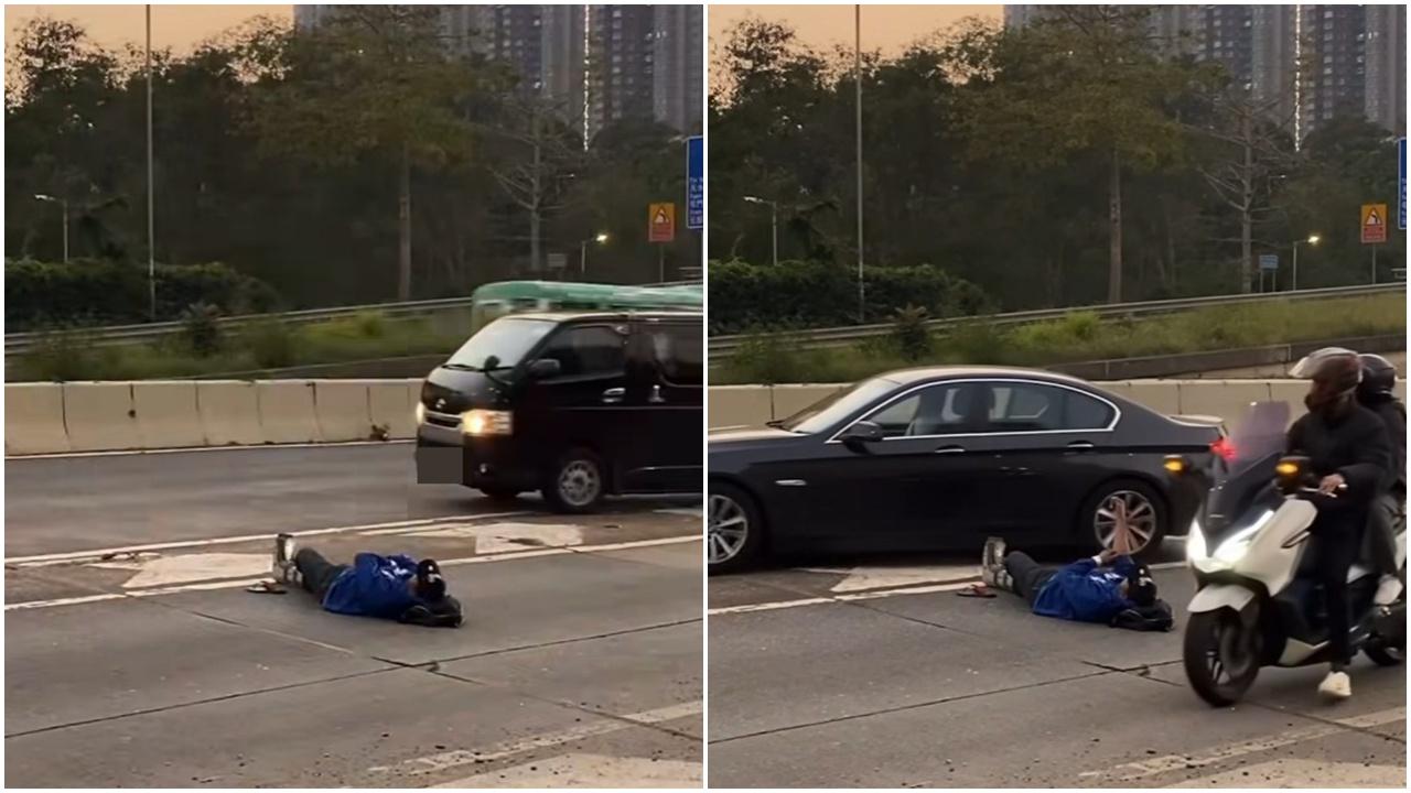 車Cam直擊｜元朗男子青山公路「躺平」