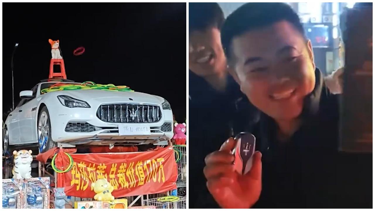 拋圈圈攤位瑪莎拉蒂大獎，由山東漢3小時狂掟8000圈奪得。(微博)