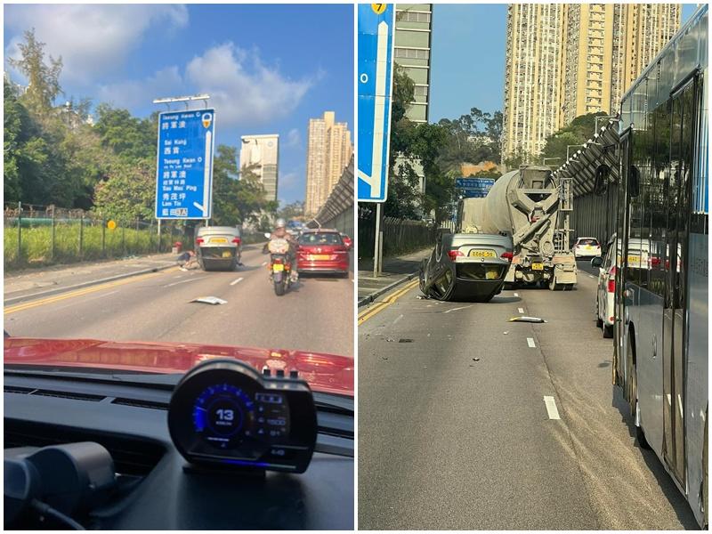 將軍澳隧道私家車失控反肚，司機自行解困。(香港公共交通智庫Facebook)
