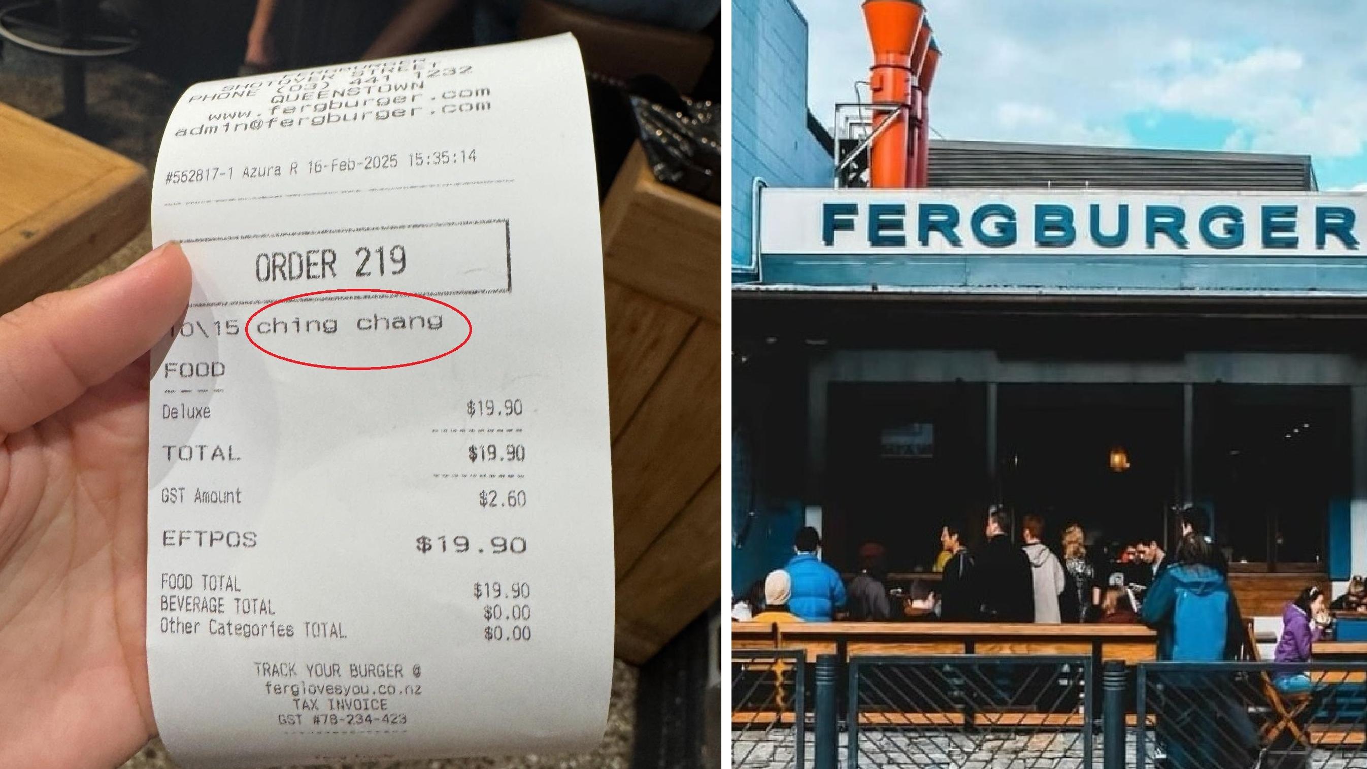 台灣遊客早前光顧新西蘭Fergburger漢堡店，拿到印上「Ching Chang」歧視字眼的收據。(互聯網)