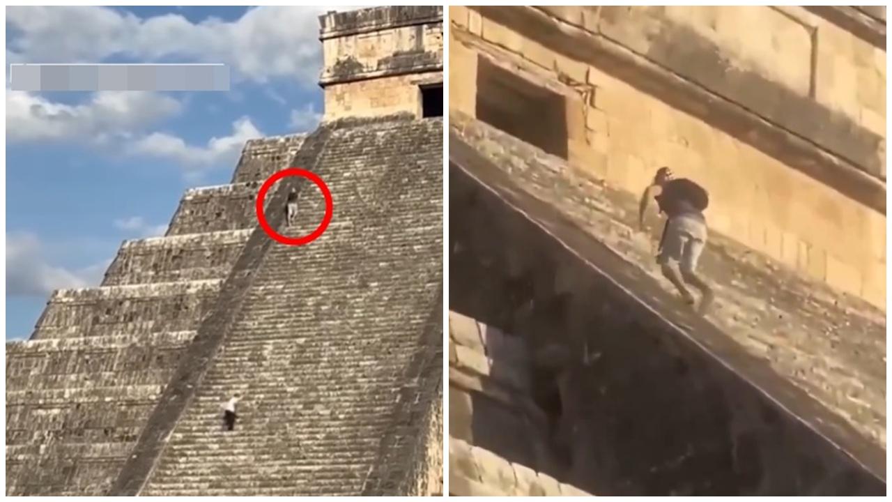 遊客亂攀瑪雅古金字塔，遭民眾喊打「捉他獻祭」。(X)