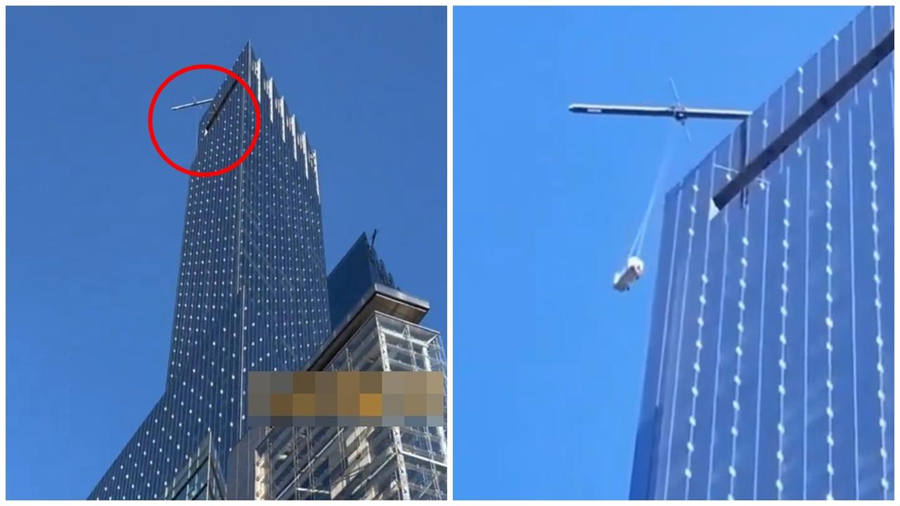 78層樓高工作遇強風，吊船狂揈15分鐘撞爆玻璃幕牆。(X)