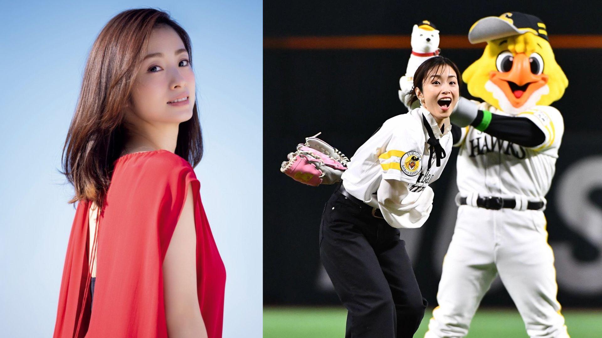 39歲上戶彩昨日現身福岡巨蛋，為棒球賽任開球禮嘉賓。