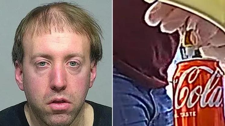 隱閉鏡頭拍到羅斯把強力膠唧入罐裝可口可樂裡。(互聯網)