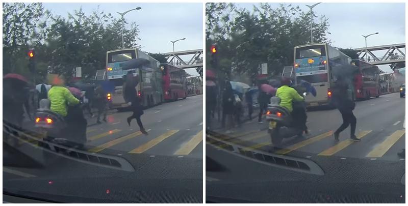 車Cam直擊｜元朗朗日路有電單車衝紅燈，險撞過路人群。(車cam L（香港群組）)