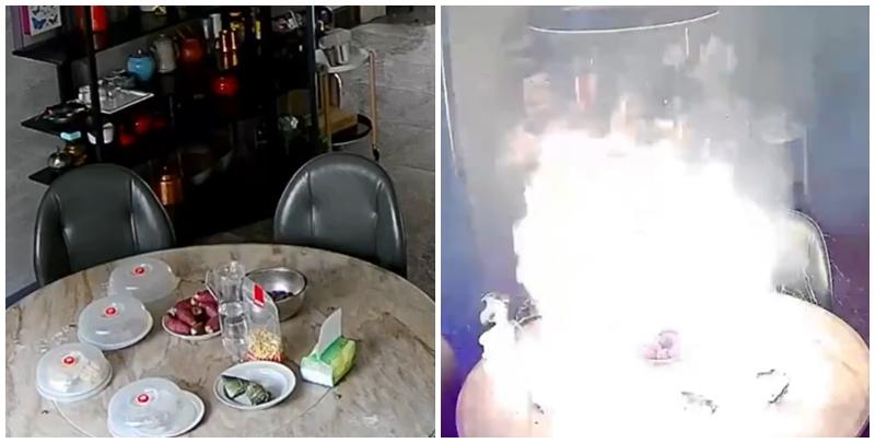 事發在河北唐山一戶人家，閉路鏡頭可見於上周六(15日)早上10時許，已準備餸菜的電動餐枱突然爆炸起火，火光四射，「連桌帶餸」一齊燃燒。事發時屋內兩名女子慌亂中不會用滅火器，最終以防火布撲滅火焰。(影片截圖)