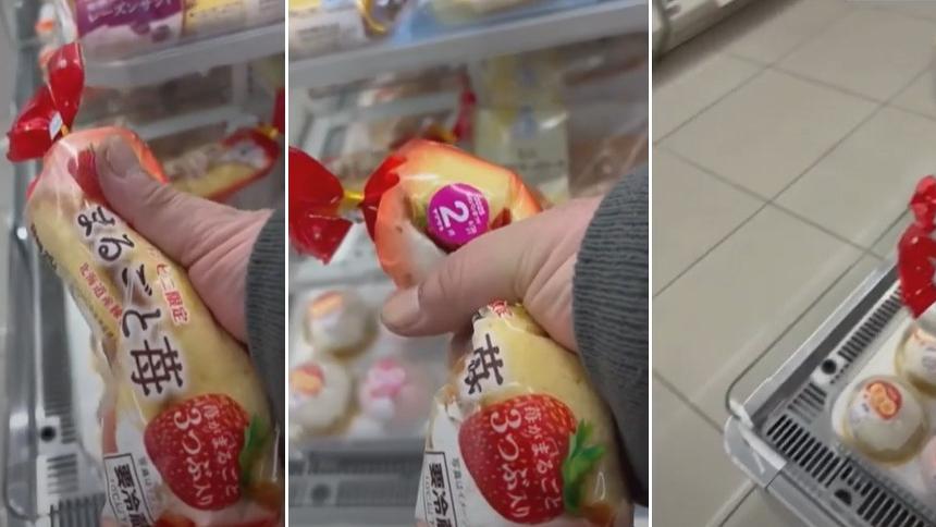 捏爛君把草莓蛋糕捏爛後放回貨架。(互聯網)