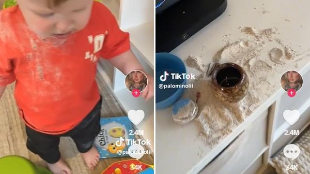 小孩子滿身是灰(左)，骨灰罈被打翻，骨灰散落四周(右)。(互聯網)