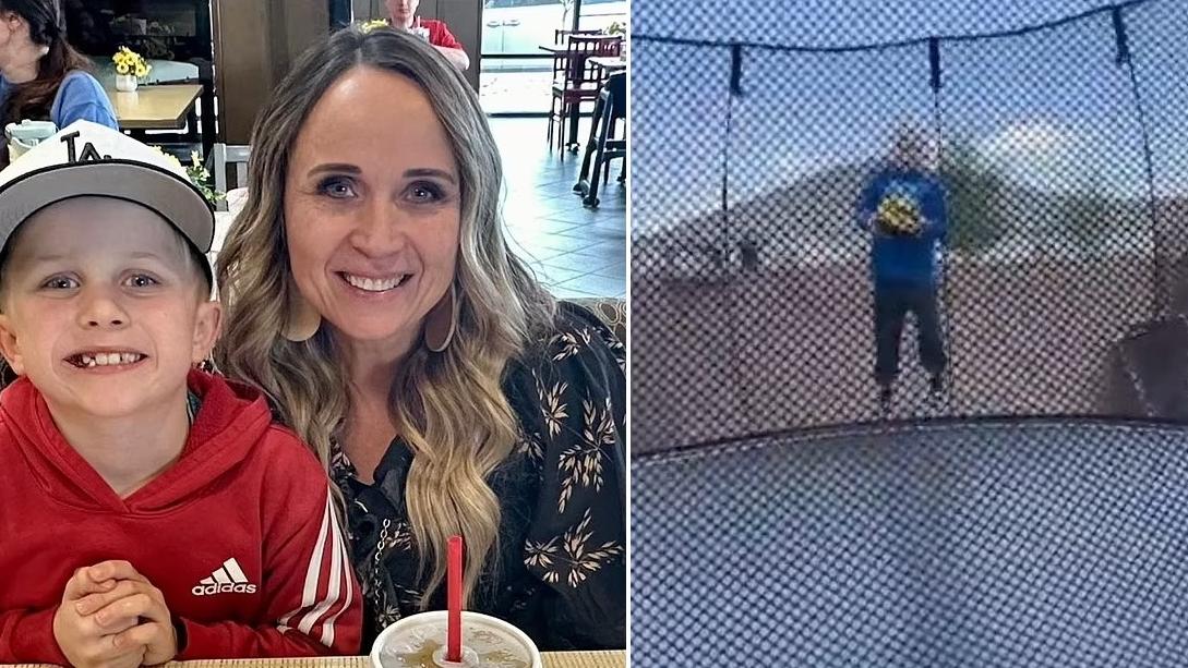 8歲男童史密斯當日在親戚家玩彈床時(右)，連人帶彈床突然被強風吹走。(互聯網)