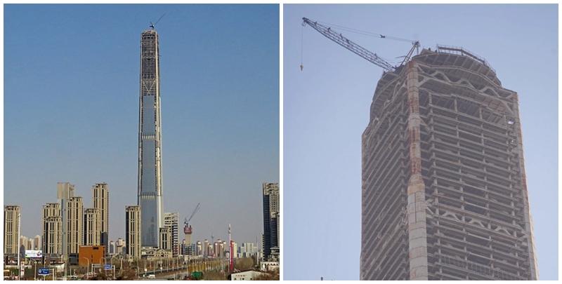 有「全球最高爛尾樓」之稱的「天津117大廈（高銀金融117大廈）」，歷經資金斷鏈、股權轉讓與開發商官司糾紛，2015年停工至今。(網上圖片)