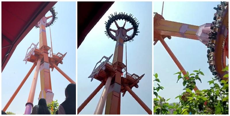 浙江杭州樂園「流星錘」懸停在空中，當時有初中生被困。有遊客反映設施在最高點倒立懸停約1分鐘。(網上圖片/影片截圖)