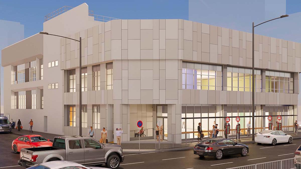 改造後的前旺角街市，面向亞皆老街方向採用落地大玻璃設計。(市建局設計構想圖)