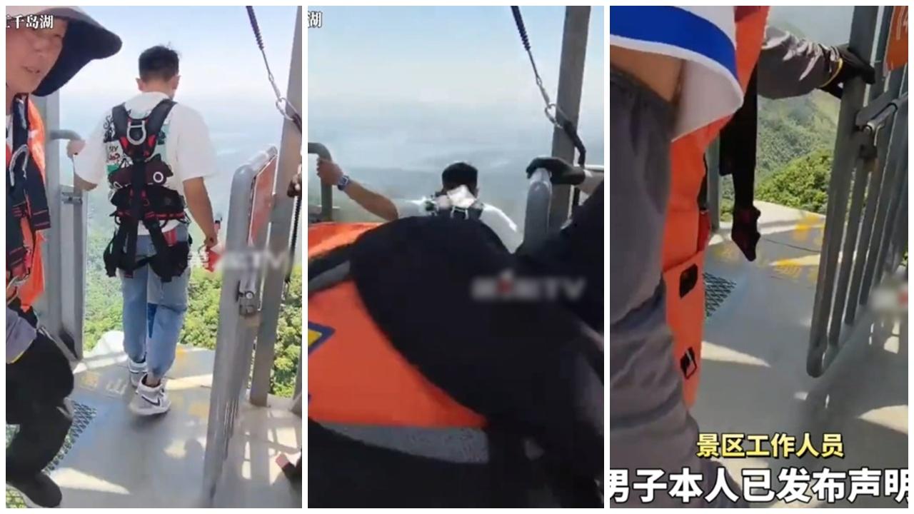 浙江笨豬跳男疑未綁安全繩就跳，嚇壞全網。(微博)