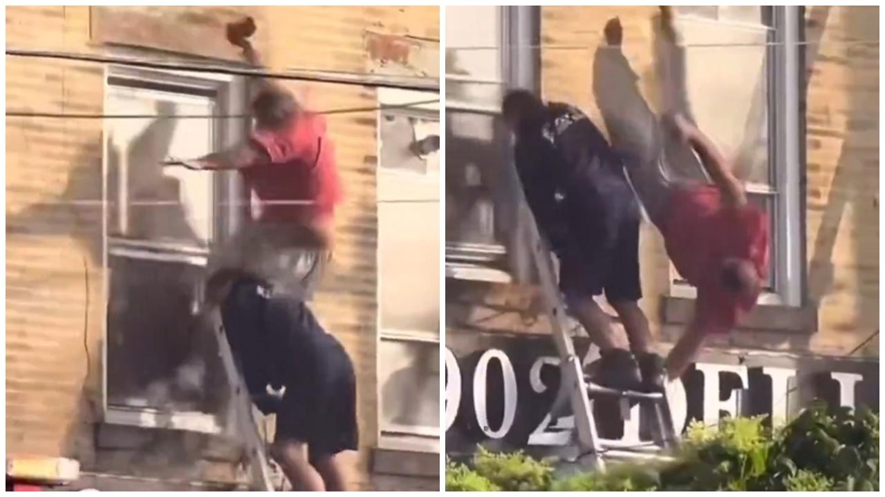 消防隊火場救援攀梯突然縮回，住戶逃生踏空倒樹葱跌死。(X)