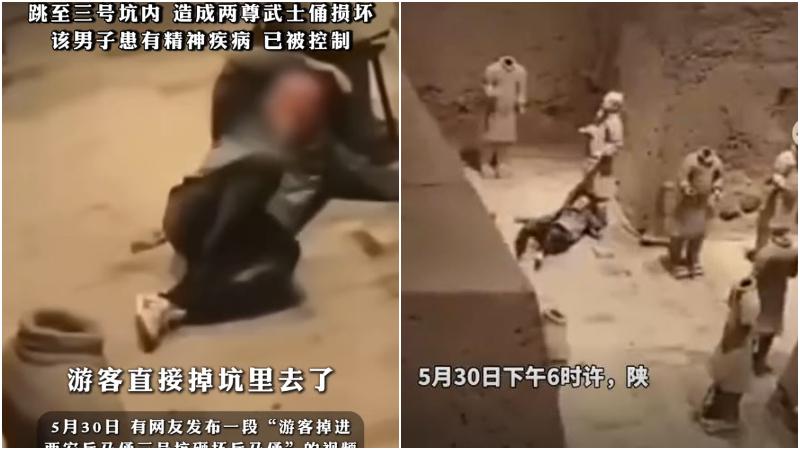 孫姓男子跳入兵馬俑坑內。（圖/翻攝新浪微博）