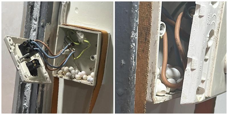 有港女於網上發文分享，室內電掣藏有大堆不明白色蛋。有蛋已破殼，地上亦有跌碎蛋殼。（Threads圖片）