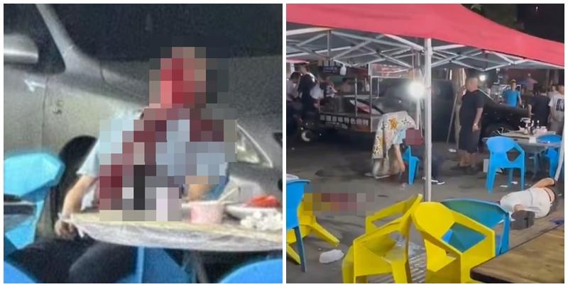 湖北武漢周日（18日）晚上一間燒烤店發生槍擊事件，影片可見有一人疑似被「行刑式」頭部中彈，躺在椅子上失去知覺，另有兩人受傷躺地，滿地血漬。(影片截圖)