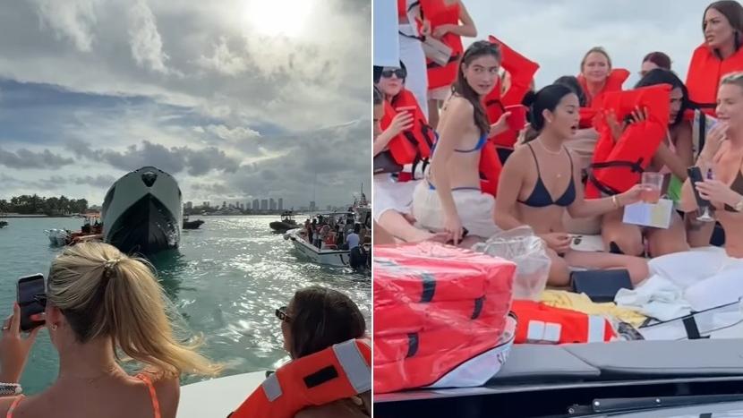 比堅尼女被救上小艇後拍攝下沉的遊艇(左)，有美女待救時還拿著飲品(右)。(互聯網)